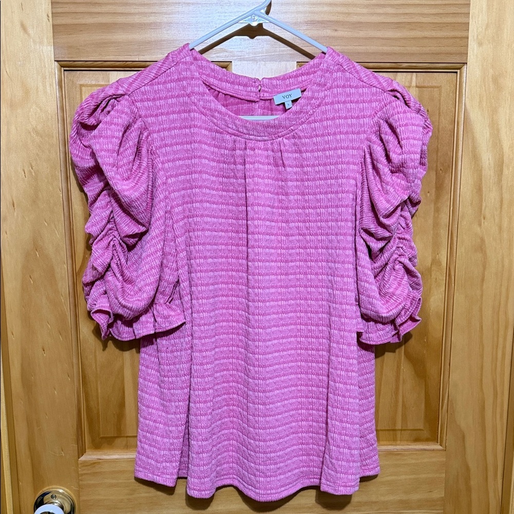 Voy Pink Ruched Puff Sleeve Women's Top, Size Large.